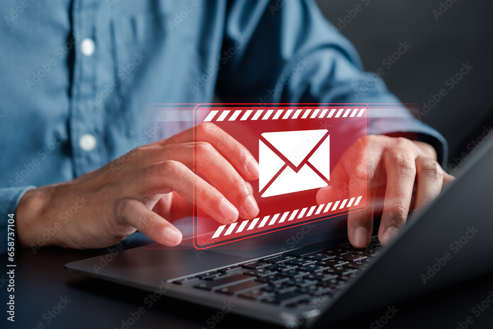 Poster Alert Email inbox and spam virus with warning caution for notification on internet letter security protect, junk and trash mail and compromised information.