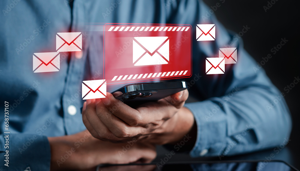 Poster Alert Email inbox and spam virus with warning caution for notification on internet letter security protect, junk and trash mail and compromised information.