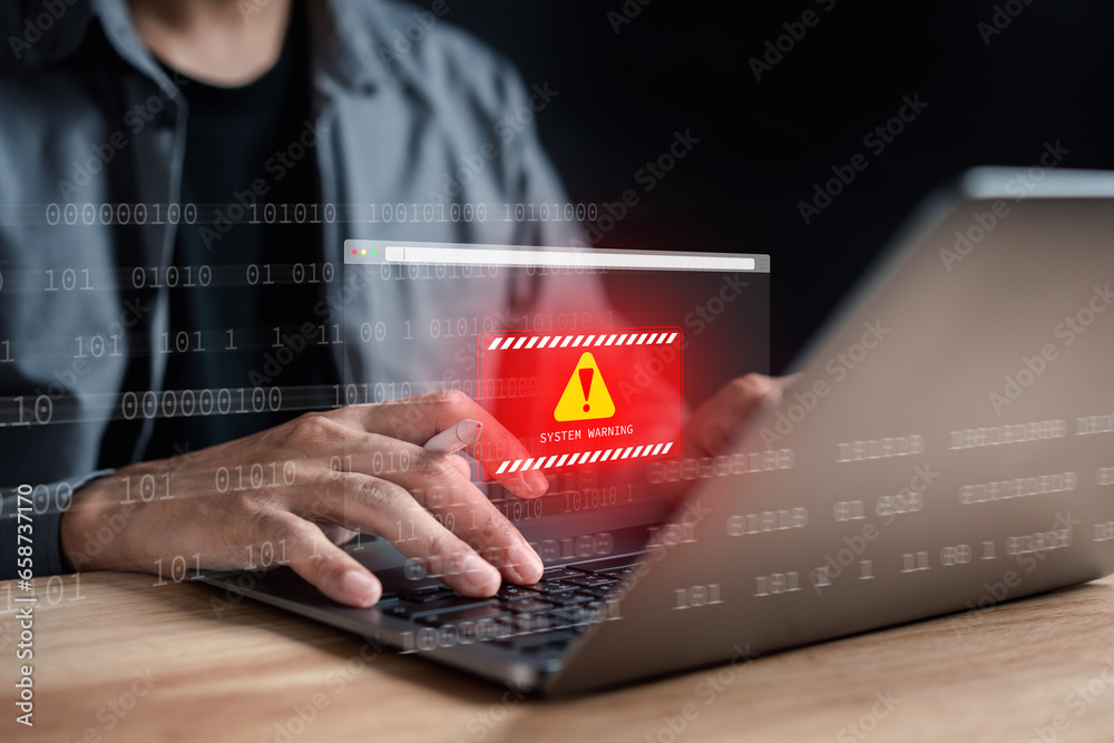 Aufkleber System warning caution sign on smartphone, scam virus attack on firewall for notification error and maintenance. Network security vulnerability, data breach, illegal connection and information danger.