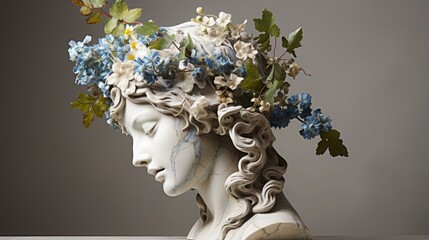 The marble head of a Greek goddess, in the form of an exquisite vase, is decorated with a delightful bouquet.