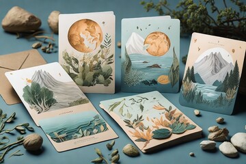 Naklejka na ściany i meble Inspired by the beauty of nature, your goal is to design a series of cards that capture the essence of different natural elements. Each card will represent a different element, such as the sun