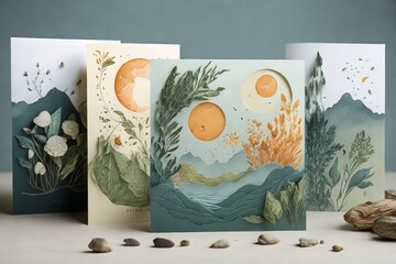 Inspired by the beauty of nature, your goal is to design a series of cards that capture the essence of different natural elements. Each card will represent a different element, such as the sun