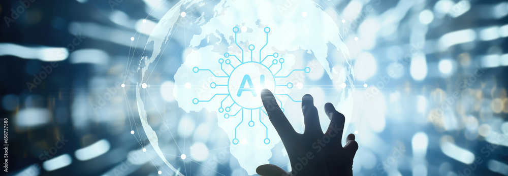 Poster Digital transformation conceptual for next generation technology era, AI, Machine learning. Hands touching the big data structure, Digital data network connections, Data transformation.