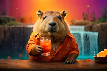 Zelfklevend Fotobehang A beaver Holding a drink - caproly- animal is a cafe/beer shop © Unsake