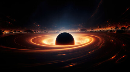 Spiraling cinematic rendering of a pure black, Black Hole warping light,  consuming a galaxy star, and bending spacetime  rings, around its orbit  in deep space