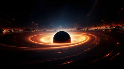 Papier Peint photo Lavable Univers Spiraling cinematic rendering of a pure black, Black Hole warping light,  consuming a galaxy star, and bending spacetime  rings, around its orbit  in deep space