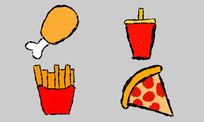 Hand-drawn, cute fast food sets. Crayons or chalk as kids draw fried chicken, fries, soda cups, pizza.