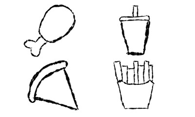 Doodle silhouettes of takeaway meals. Pizza, fried chicken, french fries, soda cup elements. Black line vector illustration