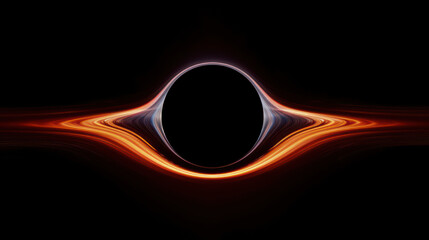 Spiraling cinematic rendering of a pure black hole warping light,  consuming a galaxy star, and bending spacetime  rings, around its orbit in outer space.