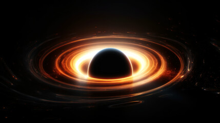 Spiraling cinematic rendering of a pure black, Black Hole warping light,  consuming a galaxy star, and bending spacetime  rings, around its orbit.