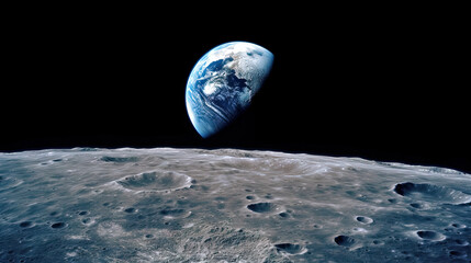View of Planet Earth From Orbiting the Moon in Outer Space Satellite. View Of Dark Side of the Moon Craters and Earth