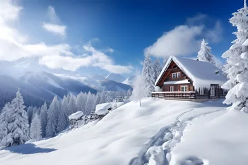 Foto op Canvas Snow covered mountain hut old farmhouse © Werckmeister