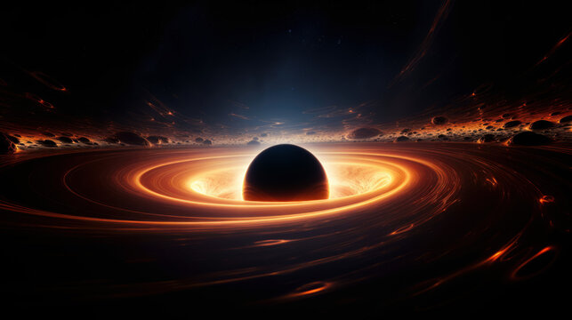 Spiraling cinematic rendering of a pure black, Black Hole warping light,  consuming a galaxy star, and bending spacetime  rings, around its orbit  in deep space