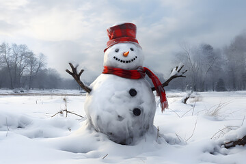 Obraz premium Merry christmas and happy new year greeting card with copy-space.Happy snowman standing in christmas landscape.Snow background.Winter fairytale.
