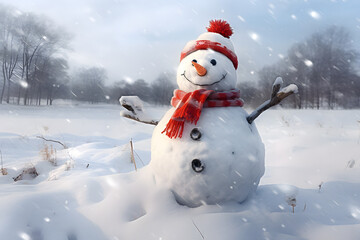 Obraz premium Merry christmas and happy new year greeting card with copy-space.Happy snowman standing in christmas landscape.Snow background.Winter fairytale.