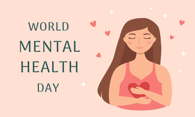 World Mental Health Day banner template. Young woman with closed eyes hugs herself. Vector illustration