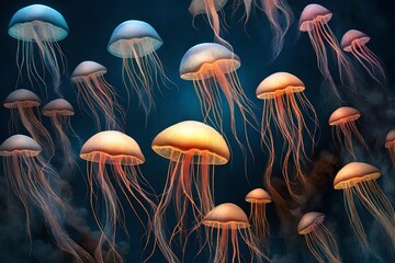 Generate an image of a jellyfish's translucent bell and its trailing tentacles - obrazy, fototapety, plakaty