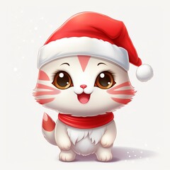 Kawaii cute cat in Santa hat at Christmas