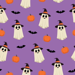 Seamless pattern with cute smiling ghosts, pumpkins and bats. Cartoon characters on purple background for Halloween design. Vector illustration