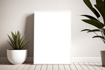Vertical frame mockup in minimalist white interior