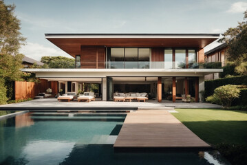 Modern cozy house with pool and parking for sale or rent in luxurious style and beautiful landscaping on background. - obrazy, fototapety, plakaty