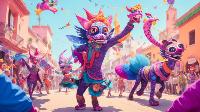 lively scene of an alebrijes parade, with fantastic and colorful creatures, dancing and celebrating Dia de los Muertos in the streets of a Mexican city