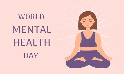 Fototapeta na wymiar World Mental Health Day banner template. Young woman with closed eyes meditates. Vector illustration