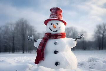 Obraz premium Merry christmas and happy new year greeting card with copy-space.Happy snowman standing in christmas landscape.Snow background.Winter fairytale.