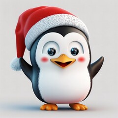 Fototapeta premium Kawaii cute penguin in Santa hat at Christmas
