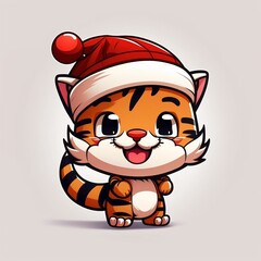 Kawaii cute tiger in Santa hat at Christmas