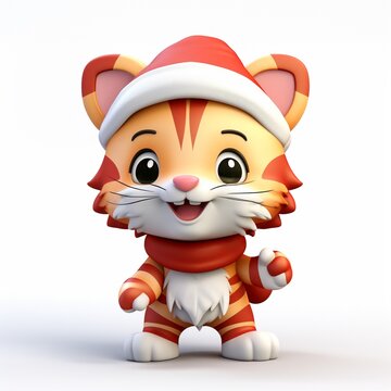 Kawaii cute chibi tiger in Santa hat at Christmas