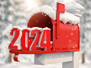 Happy New 2024 Year. Mailbox with letters and number 2024.