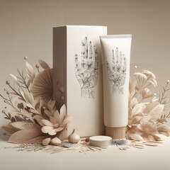 Packaging Cosmetic for product presentation. Neutral. Mockup bottle, skin care conteiner and box. Hand. 3D render.
