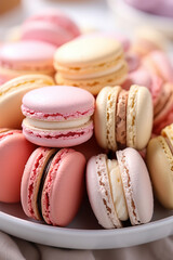 Colorful macaron cookies plate on a wooden table. Macaroons biscuits Festive table bokeh background. Delicious french desserts