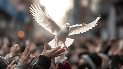 Symbol of Hope, White Dove in the Heart of a Protest - obrazy, fototapety, plakaty