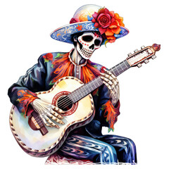 Skeleton sugar skull playing guitar in a mariachi band for Day of the Dead. Isolated on white transparent background - obrazy, fototapety, plakaty