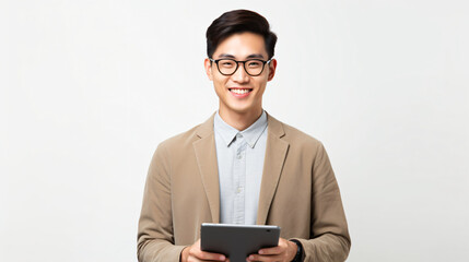 Image of young asian man, company worker in glasses, smiling and holding digital tablet, standing over white background