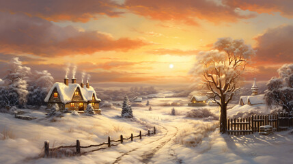 winter landscape with snow, Golden Hour sunset, winter, snow, landscape, tree, sunset, sky, nature,...