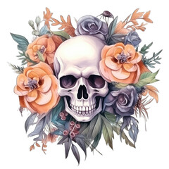 Skull flower arrangement, Halloween. Isolated on transparent background. Orange and purple roses and flowers
