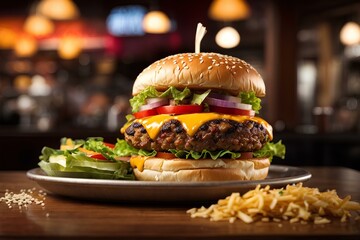 Delicious Fast-Food Delights: Savor Our Big Tasty Hamburger and Cheeseburger at the Restaurant delicious, fast food, cheese, meat, lunch, bun, hamburger.