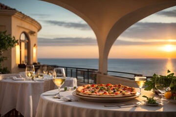Indulging in Italian Pizza and White Wine with a Sunset Sea View at a Luxury Restaurant meal, salad, plate, dish, fresh, breakfast