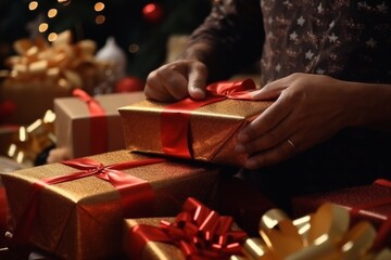 Close up unrecognizable African American person human hands wrapping preparing many gold Christmas New Year gift box present. Small business owner packaging celebration holidays decor red ribbon bow