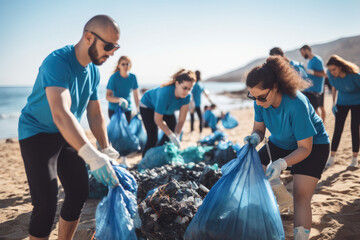 A group of dedicated volunteers, including children, work together to clean up a polluted beach, collecting trash and plastic waste to protect the fragile coastal environment - obrazy, fototapety, plakaty