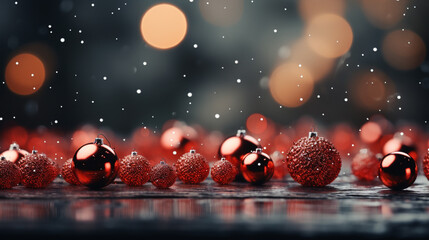 red christmas ball hanging decoration on reflect ground in bokeh background, Generative AI.