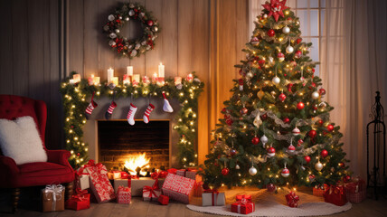 Fototapeta na wymiar Christmas Tree with Baubles and Twinkling Lights