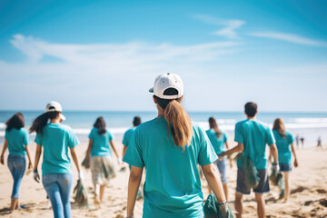 A group of dedicated volunteers, including children, work together to clean up a polluted beach, collecting trash and plastic waste to protect the fragile coastal environment