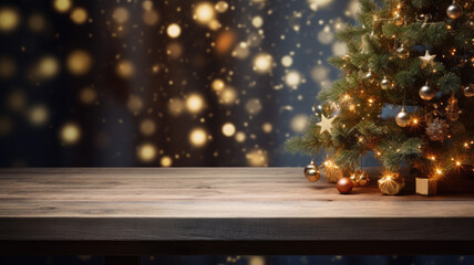 Fototapeta na wymiar Christmas Tree Bokeh Blur on Old Wooden Table