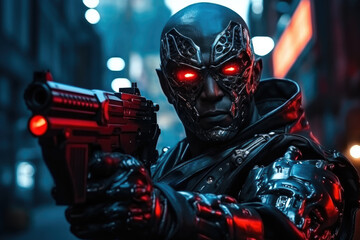  In a futuristic world, a cybernetic soldier, equipped with high-tech helmet and weapon, stands ready for action under the blue neon glow, blending science fiction and warfare