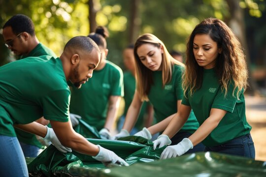 A diverse group of volunteers, young and old, joins forces in a cheerful act of altruism, cleaning up the park, collecting garbage, and caring for the environment in a selfless community effort.