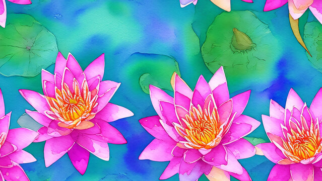 watercolor beautiful pink color Water Lily flower, tile seamless repeating pattern
